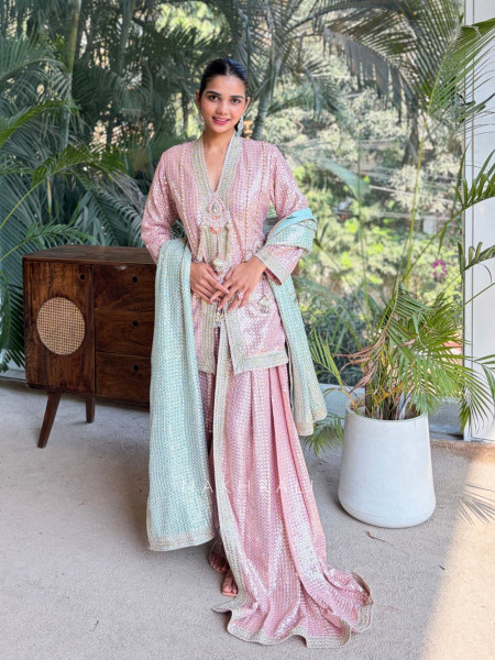 Noorveen Pink Sequin Dhoti & Kurta Set with Contrast Dupatta