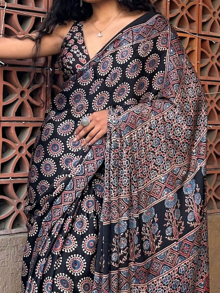 Mandala Black Modal Silk Saree with Running Blouse Piece