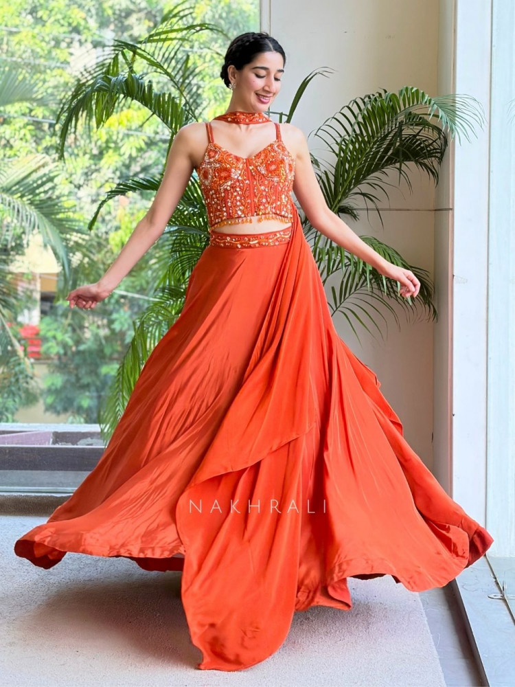 Image of Rangvalli Orange Corset Lehenga Set With Cutdana &amp; Sequin Work