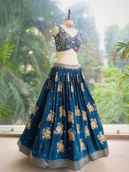 Midnight Flora Blue Embroidered Lehenga