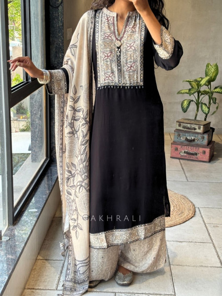 Kiyora Black Printed Kurta Palazzo Set with Floral Dupatta
