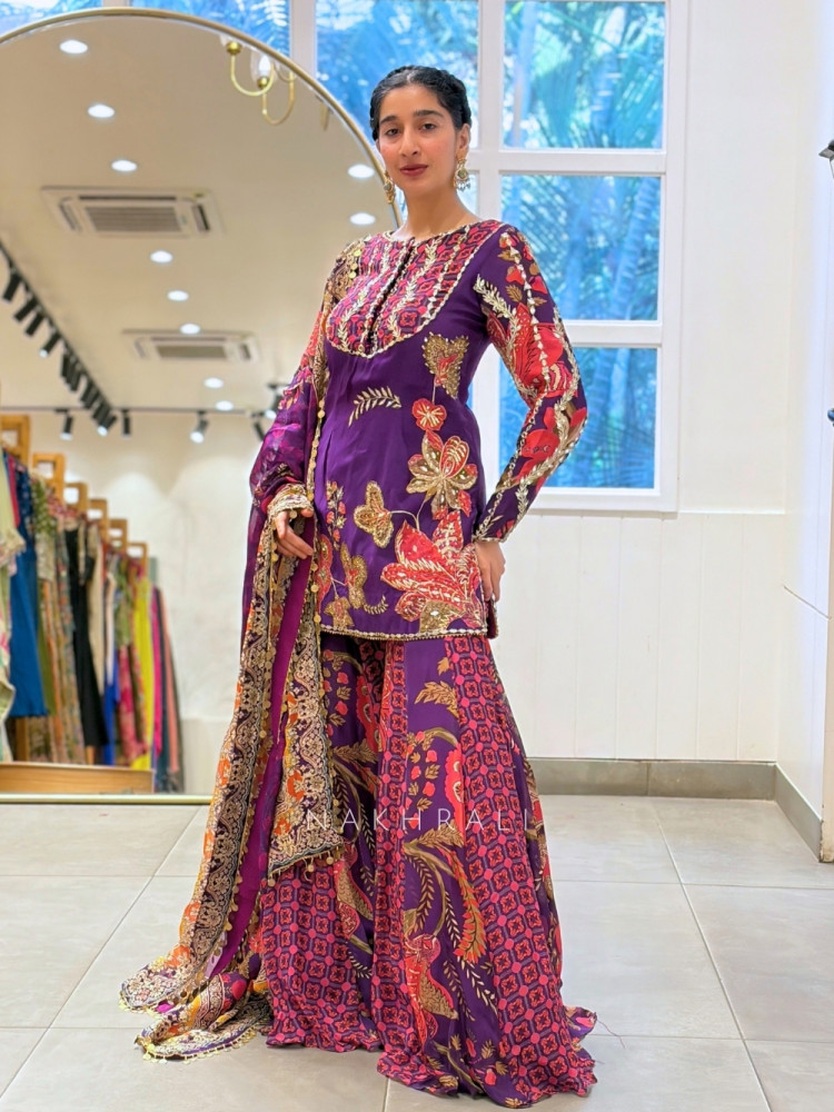 Image of Guzarish Purple Silk Sharara Suit Set with Floral Zardozi &amp; Mirror Work