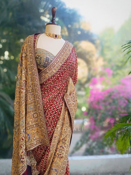 Marora Maroon Saree with Zari and Mirror Work