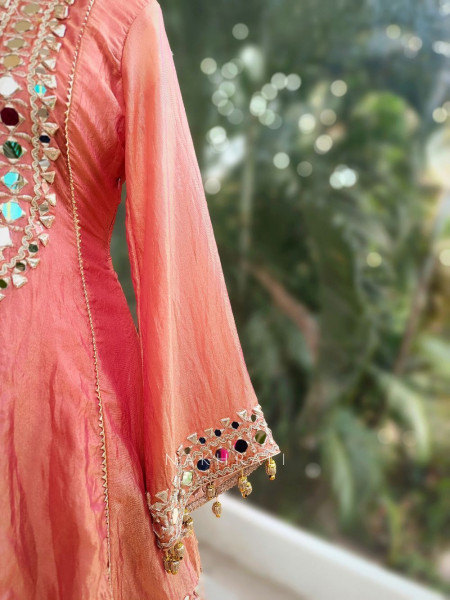 Amaya Peach Tissue Dhoti Kurta Set with Mirror and Gota Patti Work