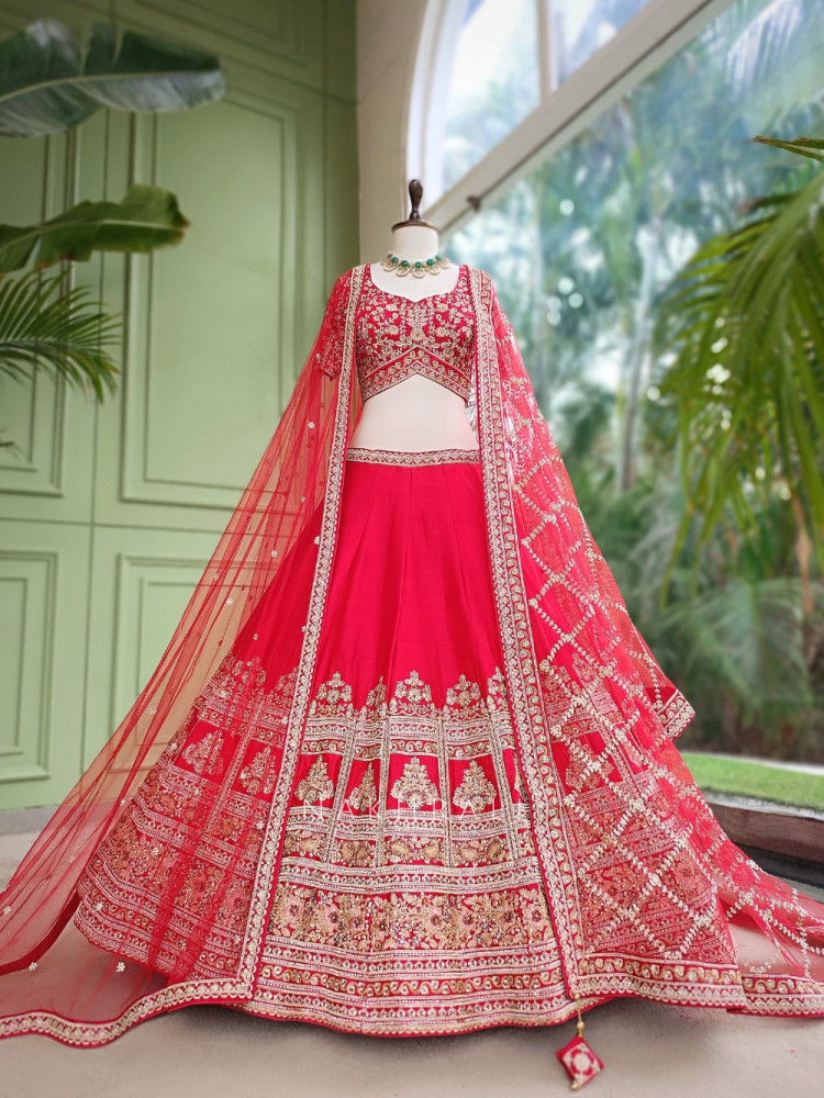 Image of Shahi Vivah Red Raw Silk Bridal Lehenga