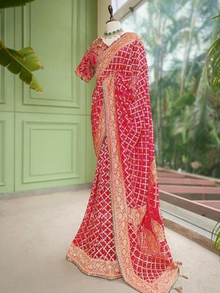 Trishna Red Georgette Silk Blend Saree With Bandhani & Banarasi Zari Work
