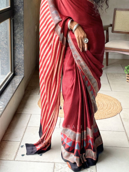 Dhani Red Modal Silk Saree With Ajrakh Print