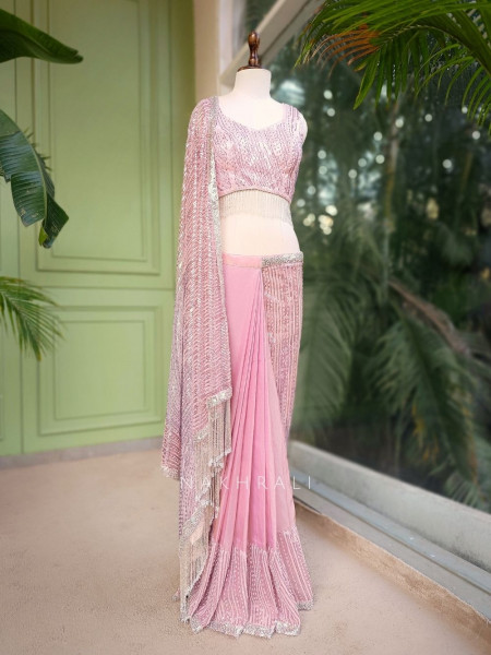 Viora Pink Drape Saree with Sequin Fringe Work