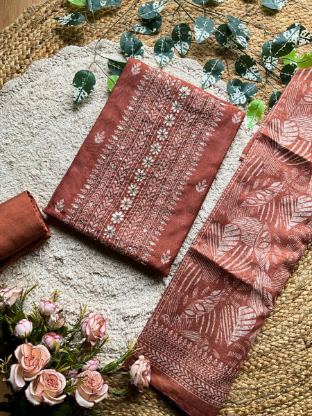 Kanira Brown Floral Embroidery Dress Material