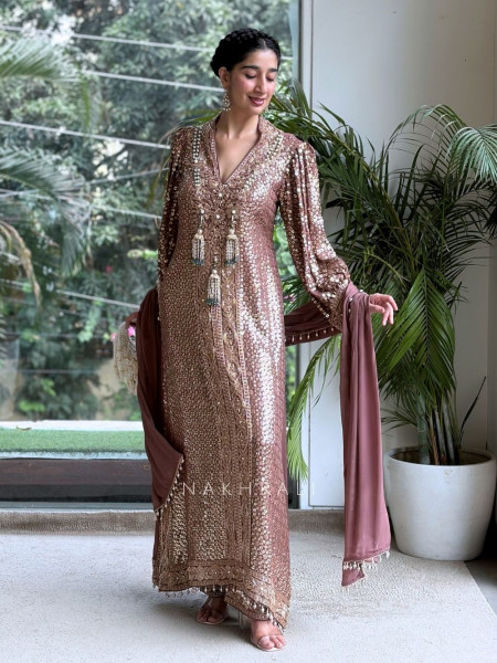 Rosmira Dusty Brown Mauve Silk Crepe Suit Set