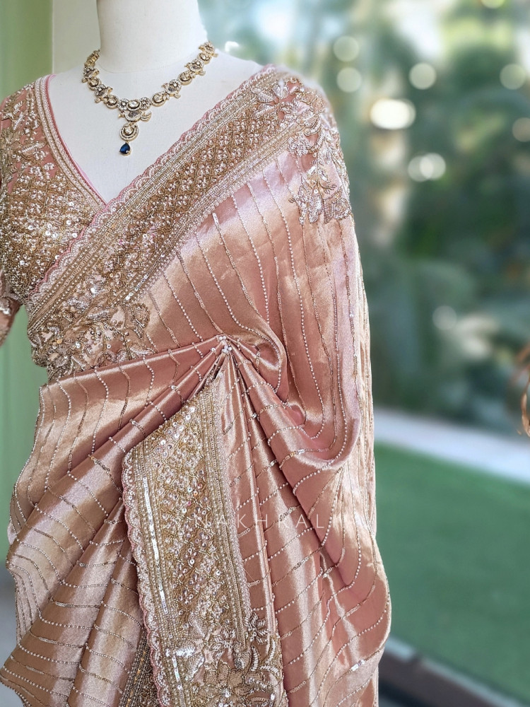 Image of Serenique Peach Shimmer Silk Blend Saree