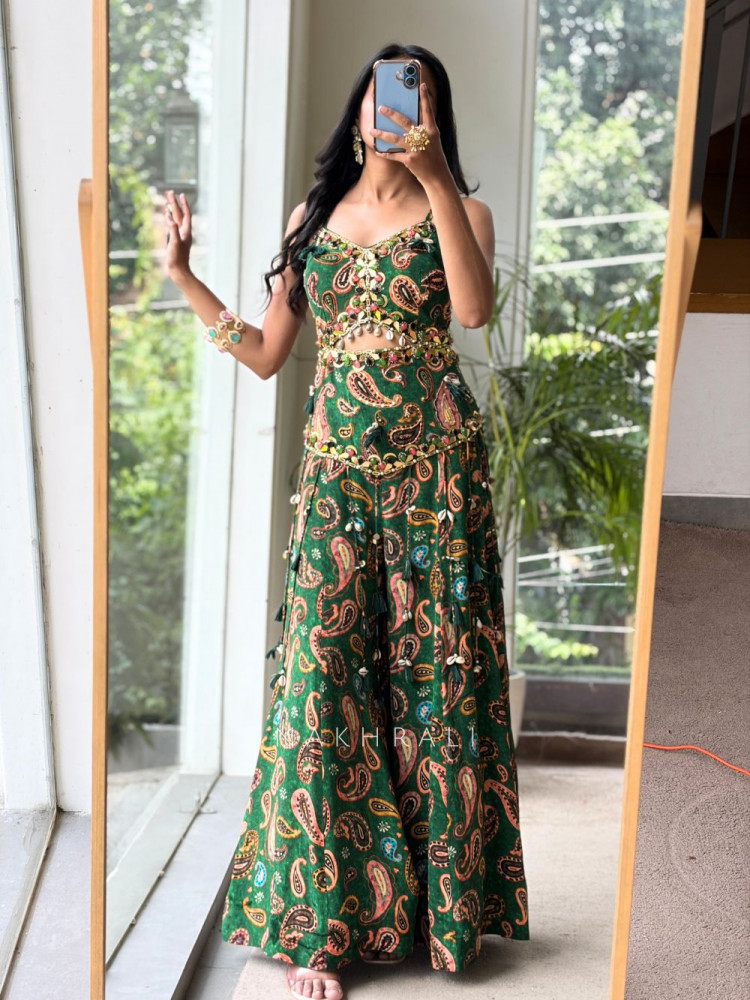Image of Banjara Glaze Green Satin Silk Jumpsuit