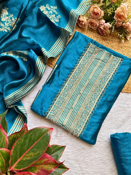 Blue Zari Weaved Dress Material with Sequin Work