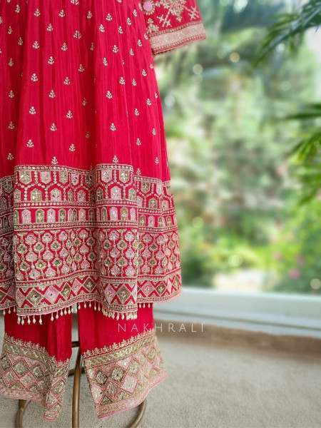 Aarvi Red Anarkali Suit Set with Zari Embroidery and Embellished Dupatta