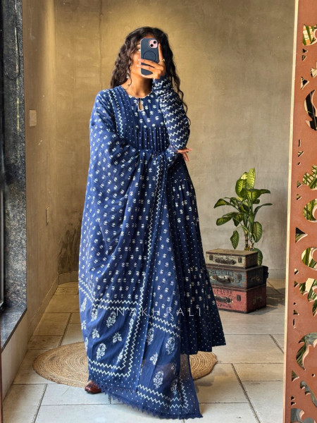 Mireya Blue Cotton Anarkali Suit Set with Printed Design