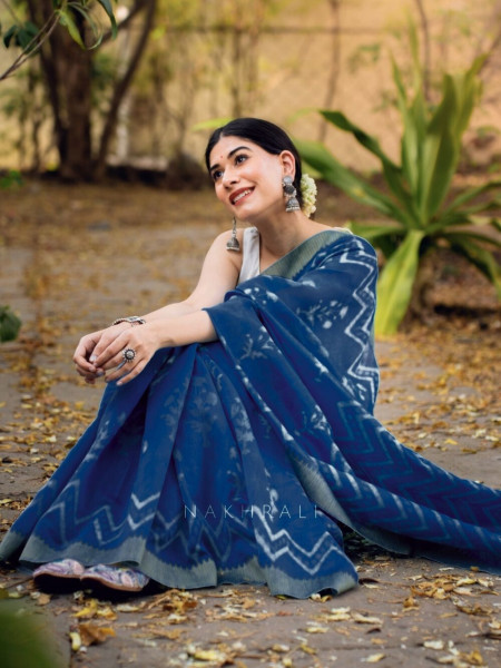 Aabheri Bloom Blue Chanderi Saree with Batik Print
