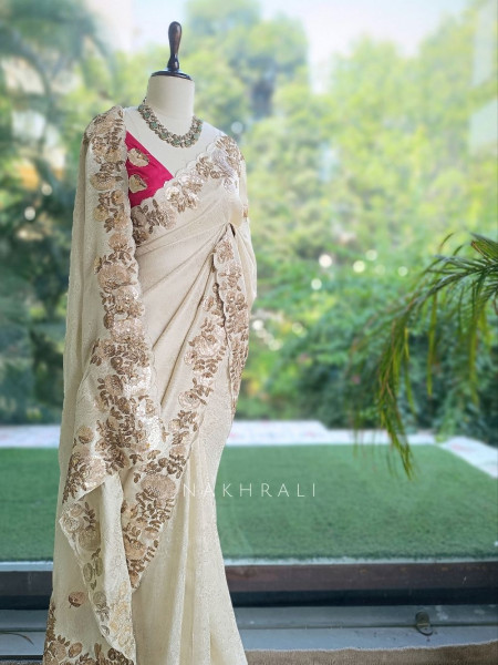 Dimensional Petal Cream Saree with Running Blouse Piece