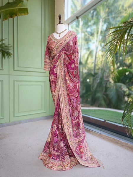 Guzel Wine Gajji Silk Saree with Mosaic Print