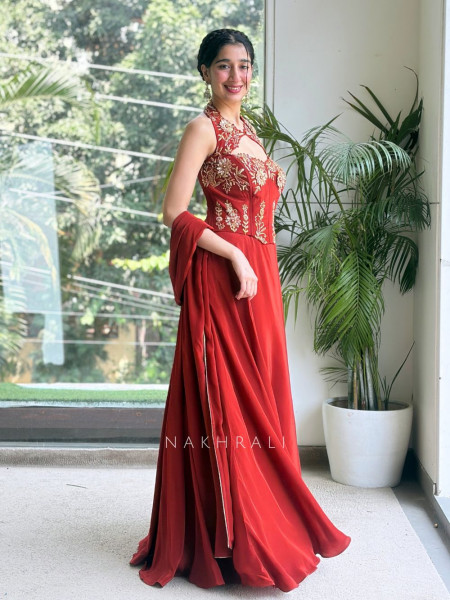 Scarlet Rust Raw Silk & Georgette Corset Lehenga Set