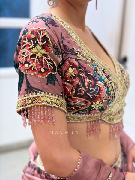 Kavyanjali Onion Pink Organza Silk Floral Printed Lehenga Set with Mirror, Gota & Crystal Bead Work