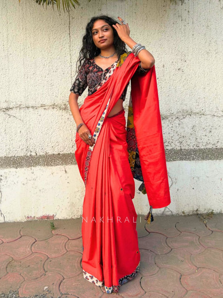 Sootra Red Cotton Saree with Patchwork Border