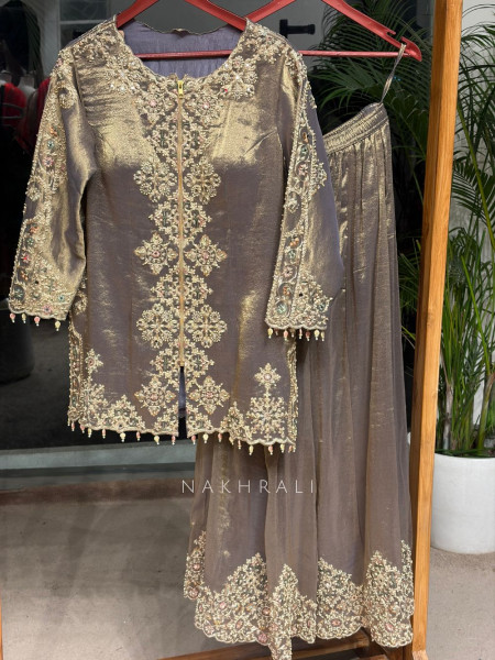 Zareen Wine Embellished Kurta Palazzo Set