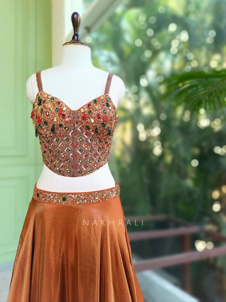 Ravaeya Rust Corset Indo-Western Lehenga Set with Sequin Work