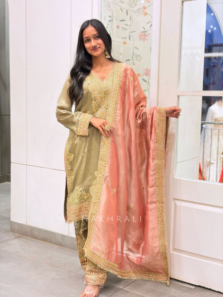 Zaynah Olive Green Suit Set with Zari Sequin Work