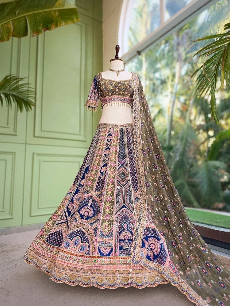 Image of Malika Navy Blue &amp; Green Modal Silk &amp; Gaji Silk Lehenga
