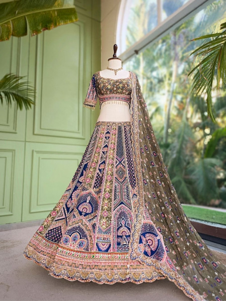 Malika Navy Blue & Green Modal Silk & Gaji Silk Lehenga