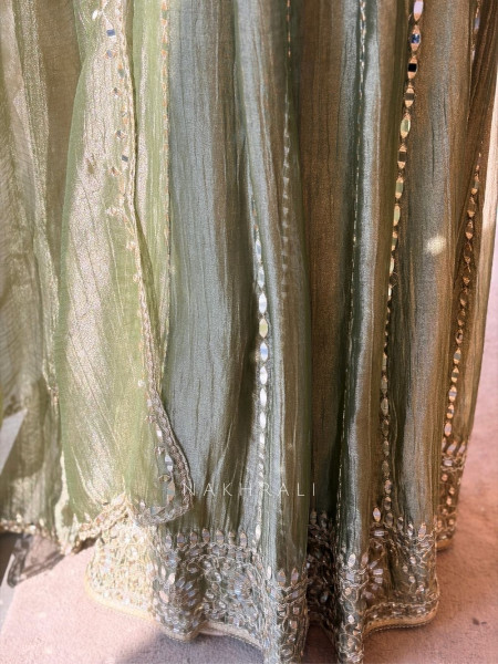 Evara Green Tissue Anarkali Suit Set with Mirror and Gota Work