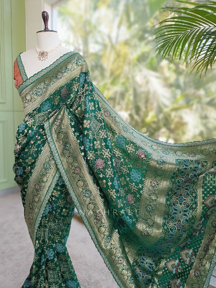 Image of Anant Bindu Green Bottel Bandhani Print Saree with Sequin Border