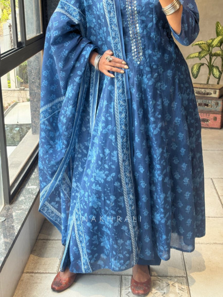 Ruhani Blue Cotton Anarkali Set with Dupatta