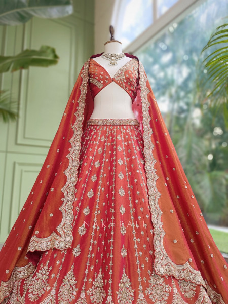 Mashoor Rust Raw Silk Unstitched Bridal Lehenga