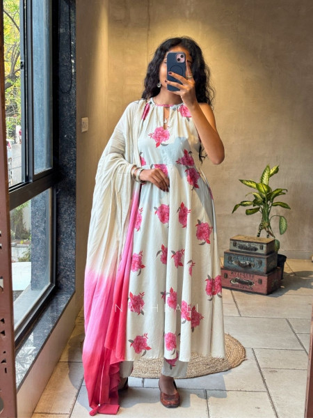 Verona Pink Cotton Printed Suit Set with Ombre Dupatta