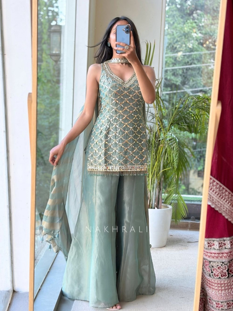 Image of Serenade Sea Green Chanderi Silk Sharara Suit Set