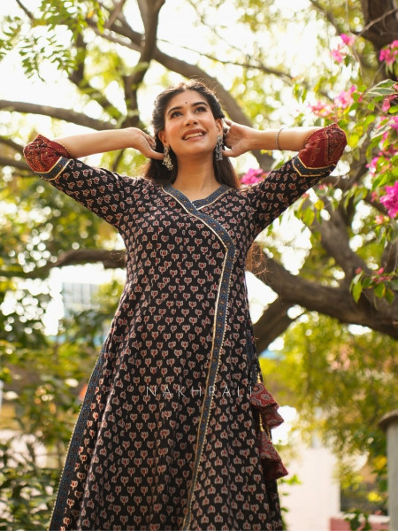 Mirza Black Angrakha Cotton Kurta