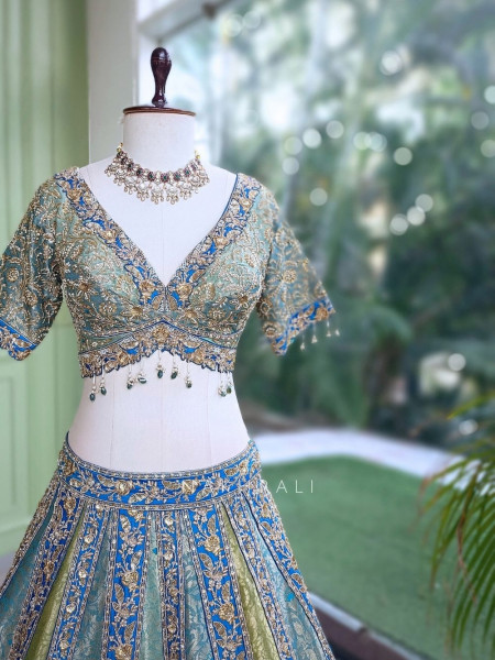 Cerulean Sea Green Benarasi Silk Brocade Lehenga Set