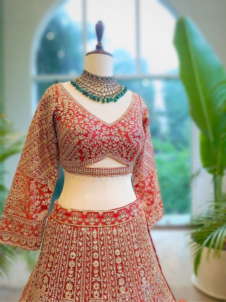 Royal Vermilion Brick Bridal Lehenga with Intricate Zari Work