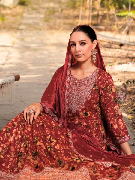 Vanya Maroon Cotton Anarkali Set with Zari & Sequin Work