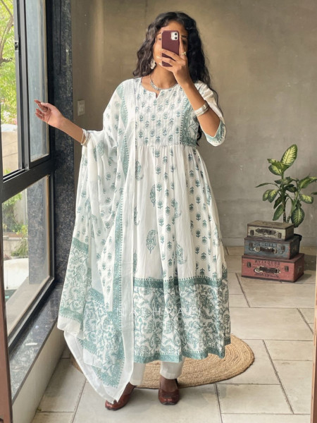 Nerith Green Cotton Suit Set with Floral Block Print