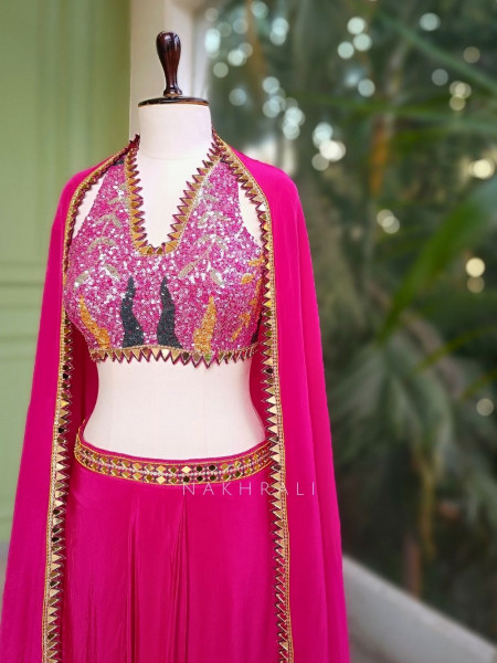 Willow Magenta Halter Indo-Western Set with Cape Shrug