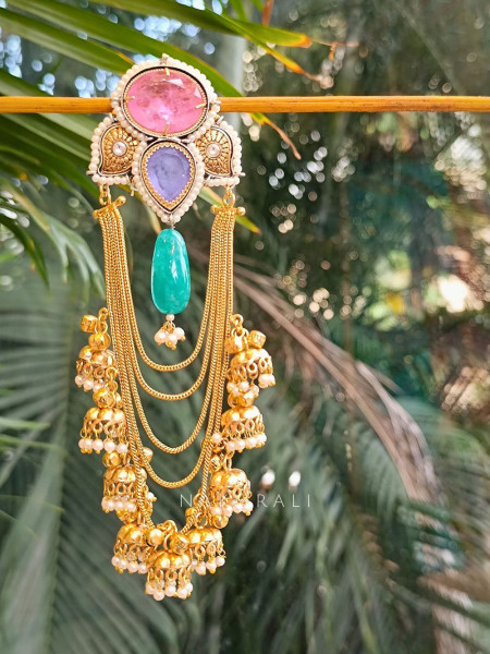 Divya Pink Multi-Stone Dangler Earrings with Pearl Jhumkis