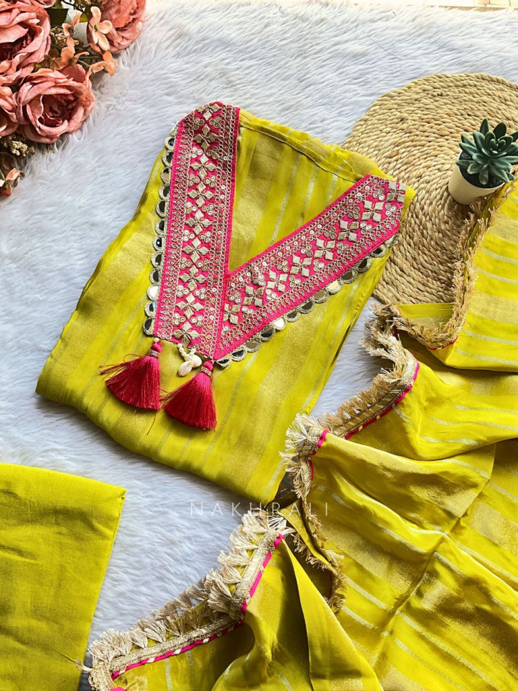 Image of Rivana Yellow Embroidered V-Neck Dress Material Set