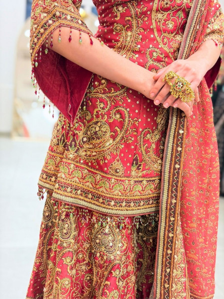 Sargam Red Suit Set Printed Embroidery & Sequin Work