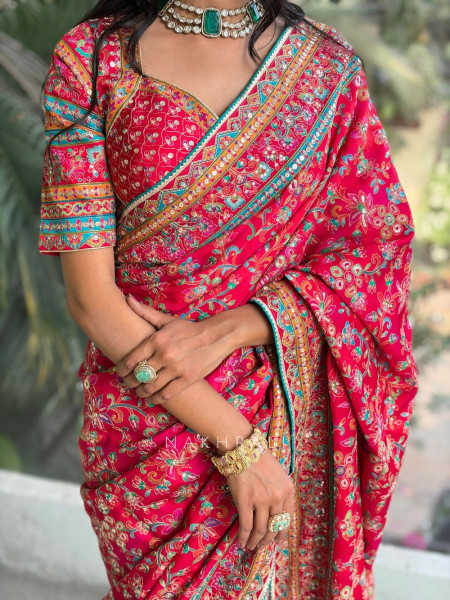 Zehra Red Printed Saree with Zari Sequin Work and Readymade Blouse