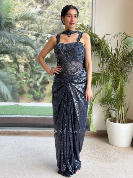 Marine Midnight Blue Indo Western Crop Top Skirt Set