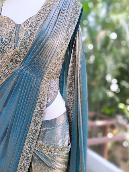 Vyra Teal Blue Drape Saree with Embroidered Corset Blouse