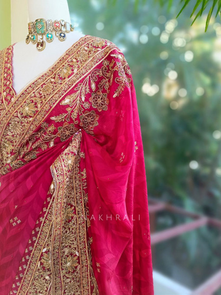 Virasat Maroon Crepe Saree with Heavy Embroidery and Readymade Blouse