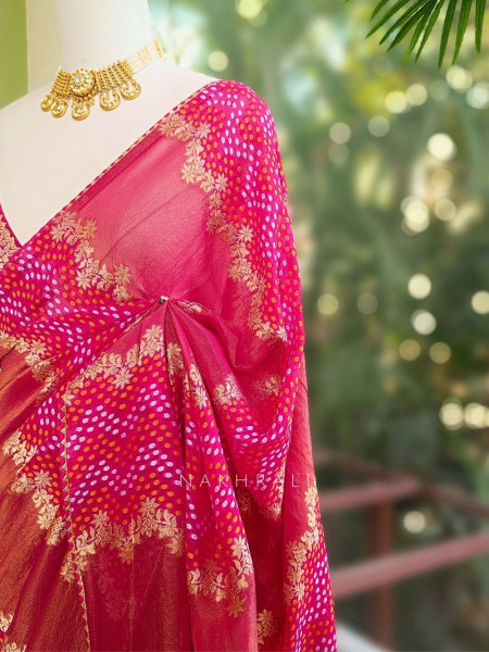 Morvyn Magenta Saree with Bandhani Print and Zari Weave